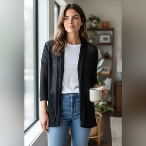 Elegant Black Open-Front Cotton Linen Cardigan by Avalin Size XL